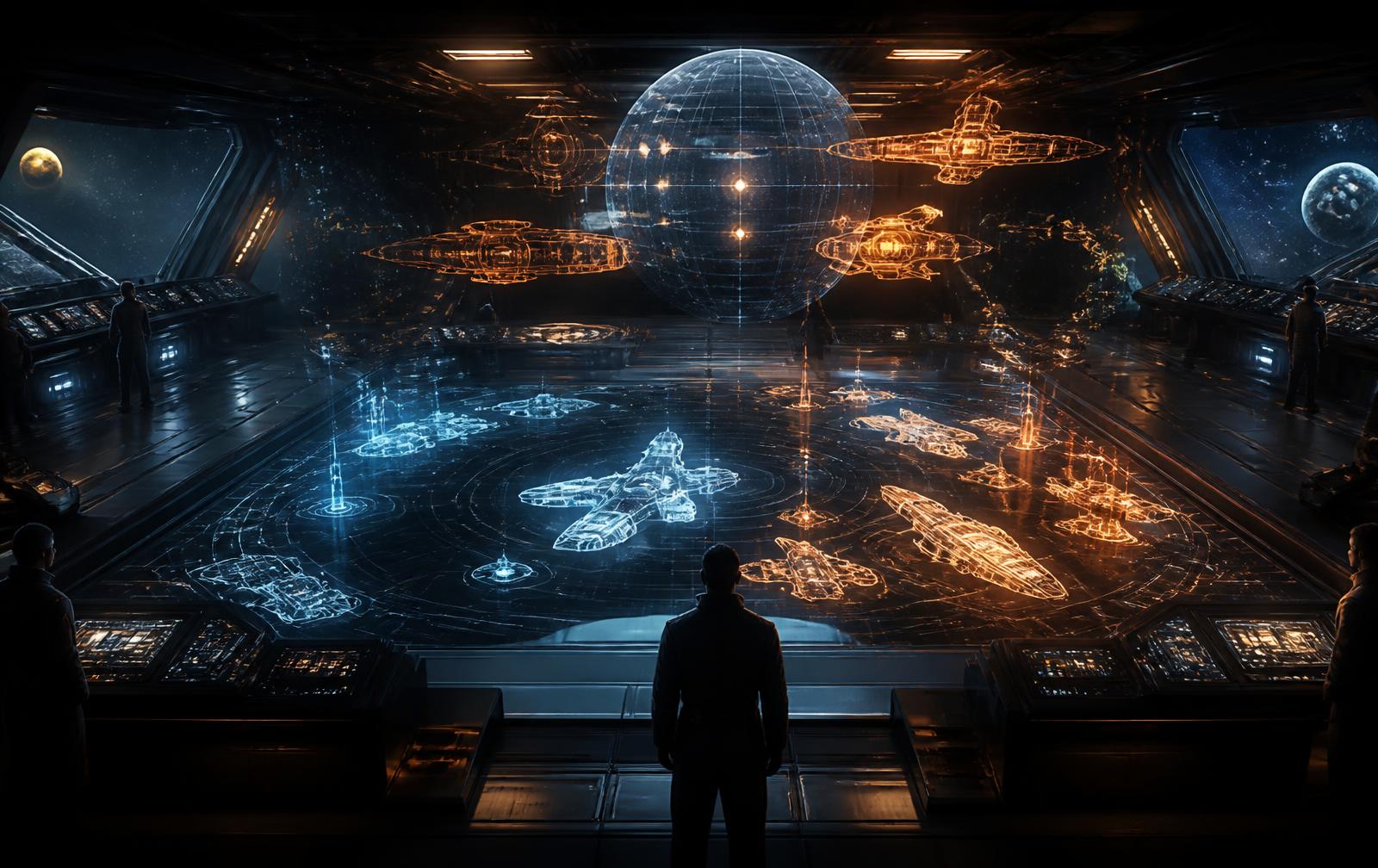 Holografisches Backoffice-Dashboard mit Flottenübersicht und Sternenkarte